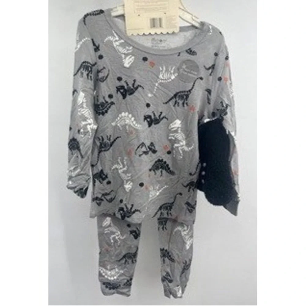 Rabbit Moon NEW Gray Dinosaur Skeleton Bamboo Pajama Set 3pc 24M Sleepwear